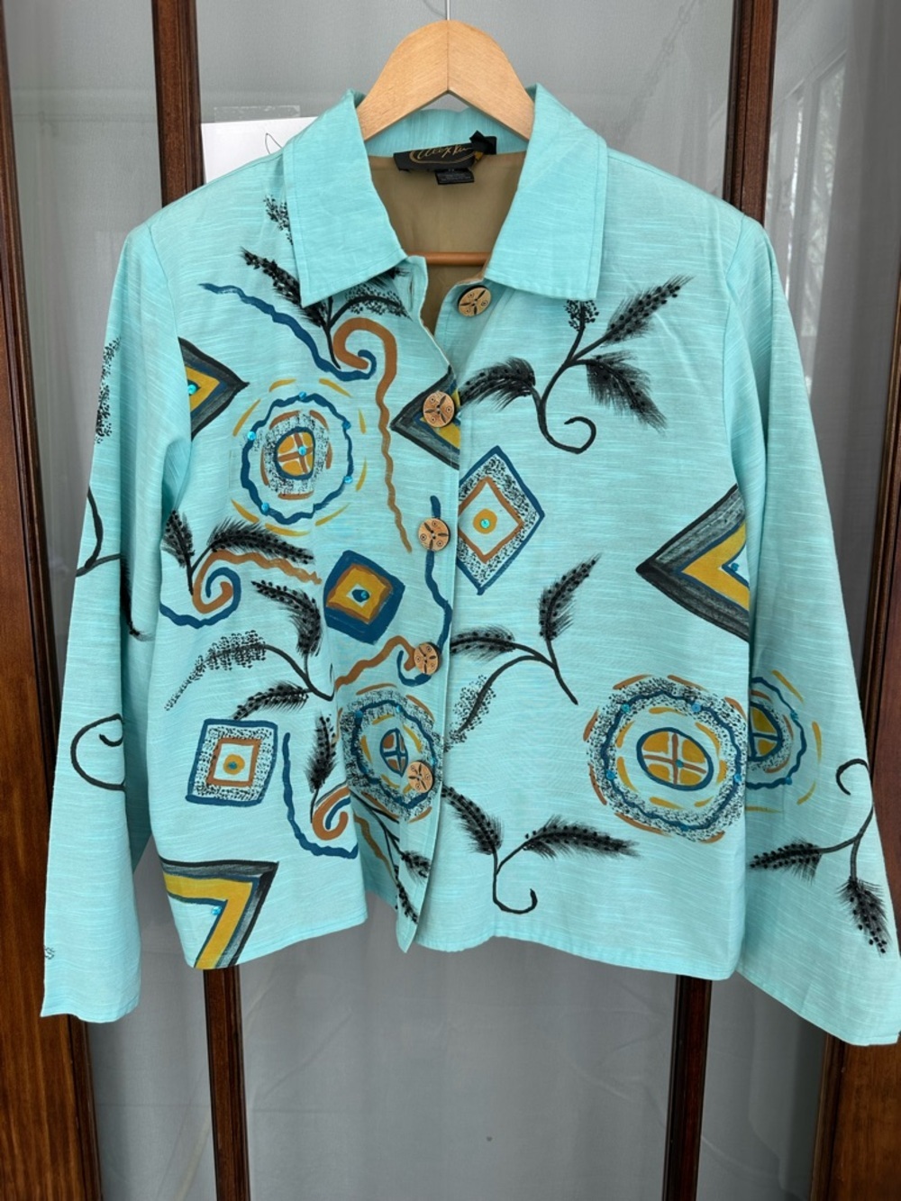 Alex Kim Jacket‎ Art to Wear 1X Blue Beaded Sequins Mix Media Wood Buttons
